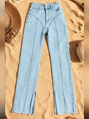 Egreis Corset Seam Jeans Light Blue Denim Retro High Waist Ankle Slit W25 L32